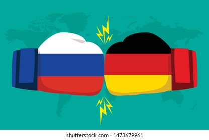 Conflict between Russia and Germany with world map background. Two hand with boxing gloves fighting.