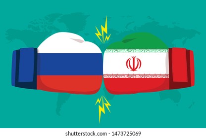 Conflict between Russia and Iran with world map background. Two hand with boxing gloves fighting.