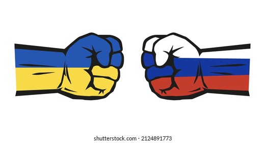 Conflict between Russia and Ukraine. Fists with national flags. Vector illustration isolated on white