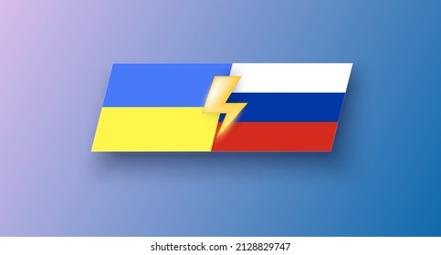 The conflict between Russia and Ukraine. Isolated icon of the flag of Ukraine and Russia in the center lightning, confrontation. Vector illustration