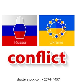The conflict between Russia and Ukraine - symbolic illustration - flags of both countries and their symbols: Russian doll - matryoshka and Ukrainian flower - sunflower with inscription - conflict