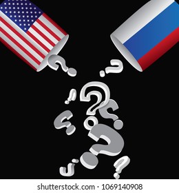 Conflict between Russia and USA.Two cups with printed flags of Russia and United States of America placed opposite one another and many signs of questions.Vector illustration.