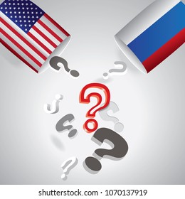 Conflict between Russia and USA.Two cups with printed flags of Russia and United States of America placed opposite one another with many signs of questions.Vector illustration.