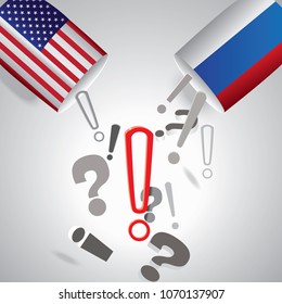 Conflict between Russia and USA. Two cups with printed flags of Russia and United States of America placed opposite one another and many signs of questions and signs of exclamation.Vector illustration