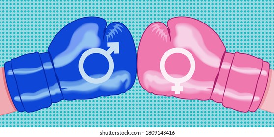 Conflicto entre sexos representado con dos guantes de boxeo opuestos, uno azul y otro rosa, con símbolos masculinos y femeninos