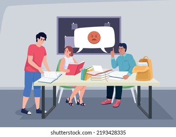 Conflict between students during work upon project flat color vector illustration. Emotional discussion in college. Fully editable 2D simple cartoon characters with auditorium on background