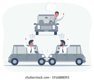 Conflict between three drivers on cars, no one wants to give way to each other. Men argue and swear, from car side windows. Road congested. Vector illustration, flat design cartoon style.