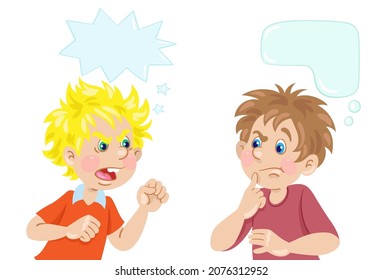 Konflikt zwischen zwei Jungen. Im Cartoon-Stil mit Sprachblasen. Einzeln auf weißem Hintergrund. Vektorgrafik. Kinder und Emotionen.