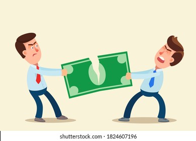 Conflict between two businessmen they share profit, teare money in half. Two men pulling the dollar banknote. Vector Illustration, flat design, cartoon style, isolated background.