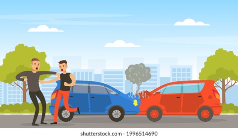 Conflict Between Two Car Drivers on Street, Aggressive Men Arguing on Road Vector Illustration