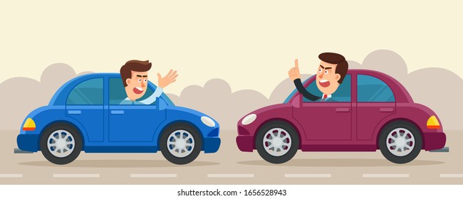 Conflict between two drivers on cars, no one wants to give way to each other. Men argue and swear, from car side windows. Road congested. Vector illustration, flat design cartoon style.