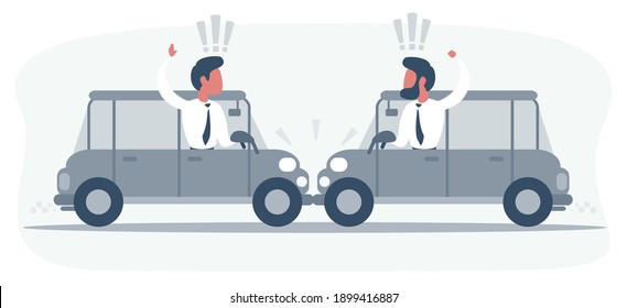 Conflict between two drivers on cars, no one wants to give way to each other. Men argue and swear, from car side windows. Road congested. Vector illustration, flat design cartoon style.