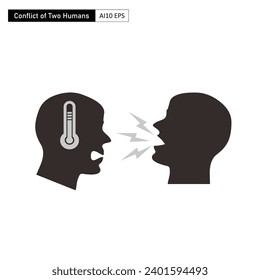 El conflicto entre dos humanos que están discutiendo. Silhouette de dos cabezas masculinas, una tratando de contener sus emociones y otra hablando en voz alta.