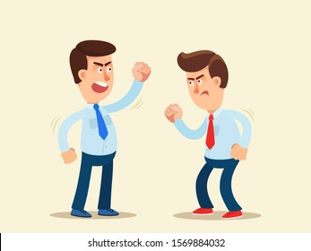 Conflict between two men at work. Aggression and anger. heated discussion, dispute, competition in office, fight rumble. Business vector illustration, flat cartoon style. Isolated background.