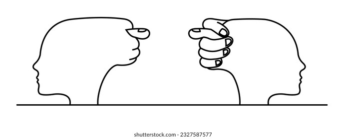 Conflict between two people. The minds of two people show each other a fig. Quarrel in a relationship. Minimalistic outline vector concept illustration.