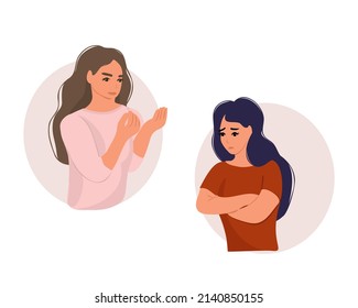  Conflict between two women. Women in a quarrel. Disagreement, resentment or misunderstanding in the family. Vector illustration