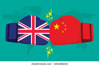 Conflict between United Kingdom and China with world map background. Two hand with boxing gloves fighting.