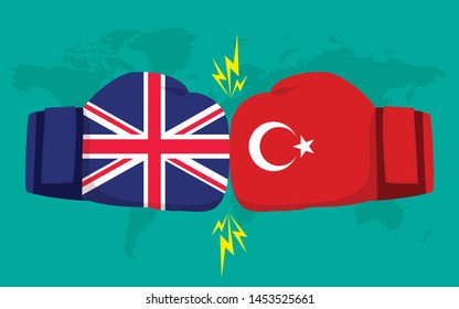 Conflict between United Kingdom and Turkey  with world map background. Two hand with boxing gloves fighting.