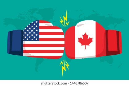 Conflict between USA and Canada with world map background. Two hand with boxing gloves fighting.
