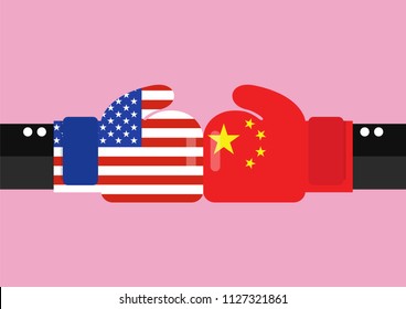 Conflict between USA and China. Two hand with boxing gloves fighting.