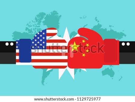 Conflict between USA and China with world map background. Two hand with boxing gloves fighting.