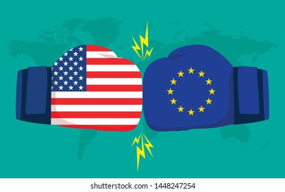 Conflict between USA and European Union with world map background. Two hand with boxing gloves fighting.