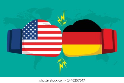 Conflict between USA and Germany with world map background. Two hand with boxing gloves fighting.

