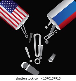 Conflict between USA and Russia.Two cups with printed flags of Russia and United States placed opposite one another with many signs of exclamation.Vector illustration.