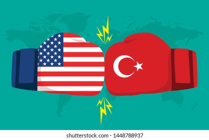 Conflict between USA and Turkey with world map background. Two hand with boxing gloves fighting.
