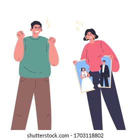 Conflict between woman and man.Quarrel of young male and female.Relationship crisis.Angry couple wants to divorce.Flat cartoon characters isolated on white background.Colorful vector illustration.