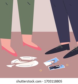 Conflict between woman and man.Quarrel of young male and female.Relationship crisis.Angry couple wants to divorce.Flat cartoon characters isolated on white background.Colorful vector illustration.