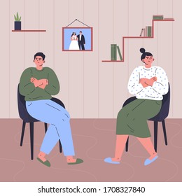 Conflict between woman and man.Quarrel of young male and female.Relationship crisis.Couple offended at each other.Flat cartoon characters isolated on white background.Colorful vector illustration.