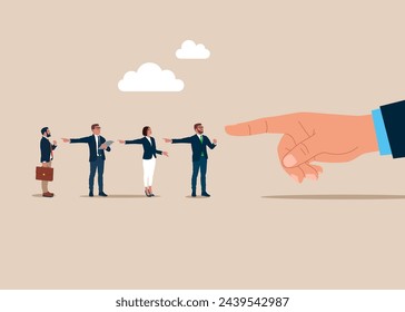 Conflicto, culpa, calumnia. Conflicto y discusión entre colegas, diferencia de opinión, desacuerdo, confrontación. Ilustración vectorial plana