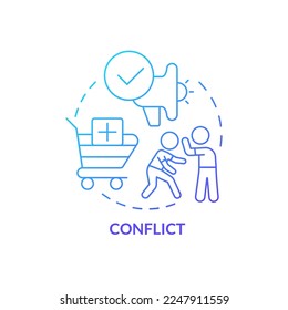 Icono de concepto de degradado azul de conflicto. Apelación emocional en la comercialización abstracta idea de la ilustración de línea delgada. Estimular el apego a la marca. Dibujo de contorno aislado. Se usa una fuente Myriad Pro-Bold