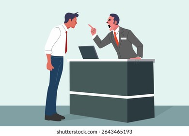 conflict business performance concept, two mad angry business man scream at each other, cartoon vector