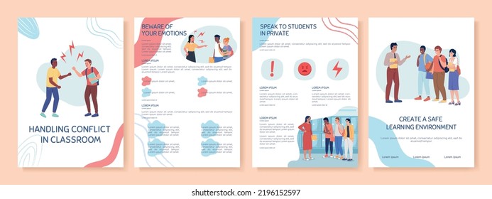 Conflict in classroom flat vector brochure template. College booklet, leaflet printable flat color designs. Editable magazine page, reports kit with text space. Sniglet, Comfortaa fonts used