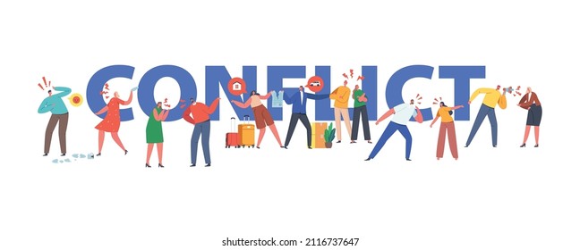 Conflict Concept. Angry Couple Characters Arguing, Blaming Each Other. Annoyed Husband and Wife Quarreling, Fighting, Divide Property Poster, Banner or Flyer. Cartoon People Vector Illustration
