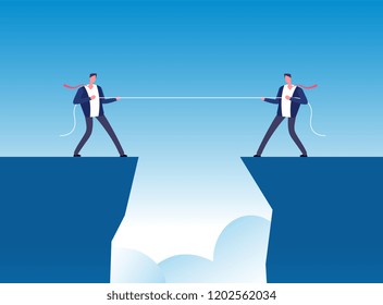 Conflict concept. Businessmen pulling rope over precipice. Business rivalry and competition vector background. Pull rope, businessman conflict business illustration
