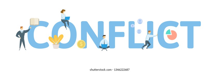 CONFLICT. Concept with people, letters and icons. Colored flat vector illustration. Isolated on white background.