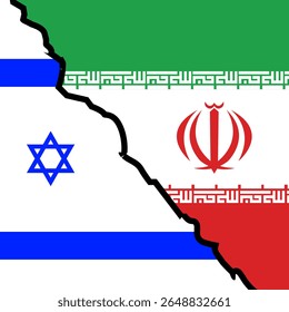 Conflict concept: Torn illustration with the flags of Israel and Iran separated by a jagged line. Symbolizing political tension or crisis.