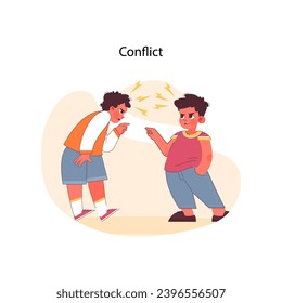 Conflict concept. Two boys in a heated argument, captured in a moment of youthful disagreement, highlighting challenges in children's relationships. Flat vector illustration