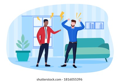 Concepto de conflicto con dos hombres diversos parados, discutiendo y luchando en el interior del hogar, ilustraciones vectoriales de color