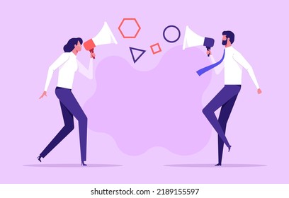 Conflict concept.Shouting at each other. People shouting into a megaphone at each other.Businessmen shouting through megaphone