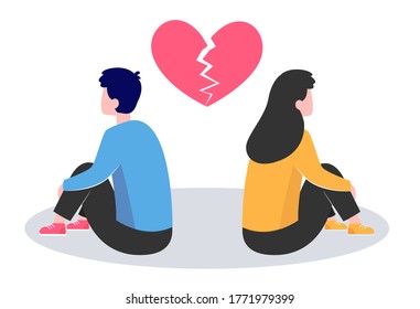 Conflict in couple. Young man and woman turning their back on under broken heart flat vector illustration. Breakup, heartbreak, split up concept for banner, website design or landing web page