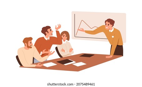 Conflict and disagreement at business meeting. Angry boss accusing employee in problems and failures. Bad aggressive communication in office. Flat vector illustration isolated on white background