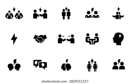 Conflict and Disagreement Icon Set Featuring Communication Problems, Arguments, Disputes, Tension, Negotiation, Relationship Issues, Social Conflicts and Interpersonal Communication Symbols