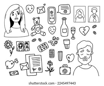 Conflict and divorce. Collection doodles dissolution of marriage, end of relationship. Unhappy woman and sad man, torn wedding photo, broken heart, alcohol and pills. Vector isolated Outline drawings
