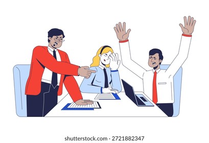Conflict during meeting 2D vector illustration. Toxic workplace culture. Employees confrontation. Diverse team disagreement office dispute flat characters isolated on white. Colorful cartoon image