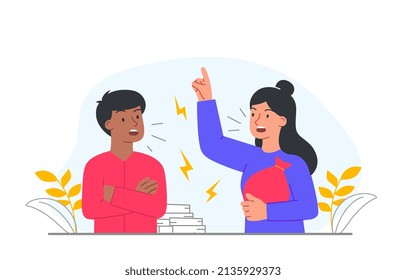 Conflict in family. Man and girl scream at each other in fear, discontent and anger. Aggression and bad relationships. Husband and wife, discussion and conversation. Cartoon flat vector illustration