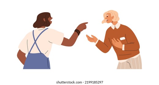 Conflict, fight between two angry people. Women arguing, pointing with fingers, blaming, shouting. Quarrel, argument, disagreement of colleagues. Flat vector illustration isolated on white background